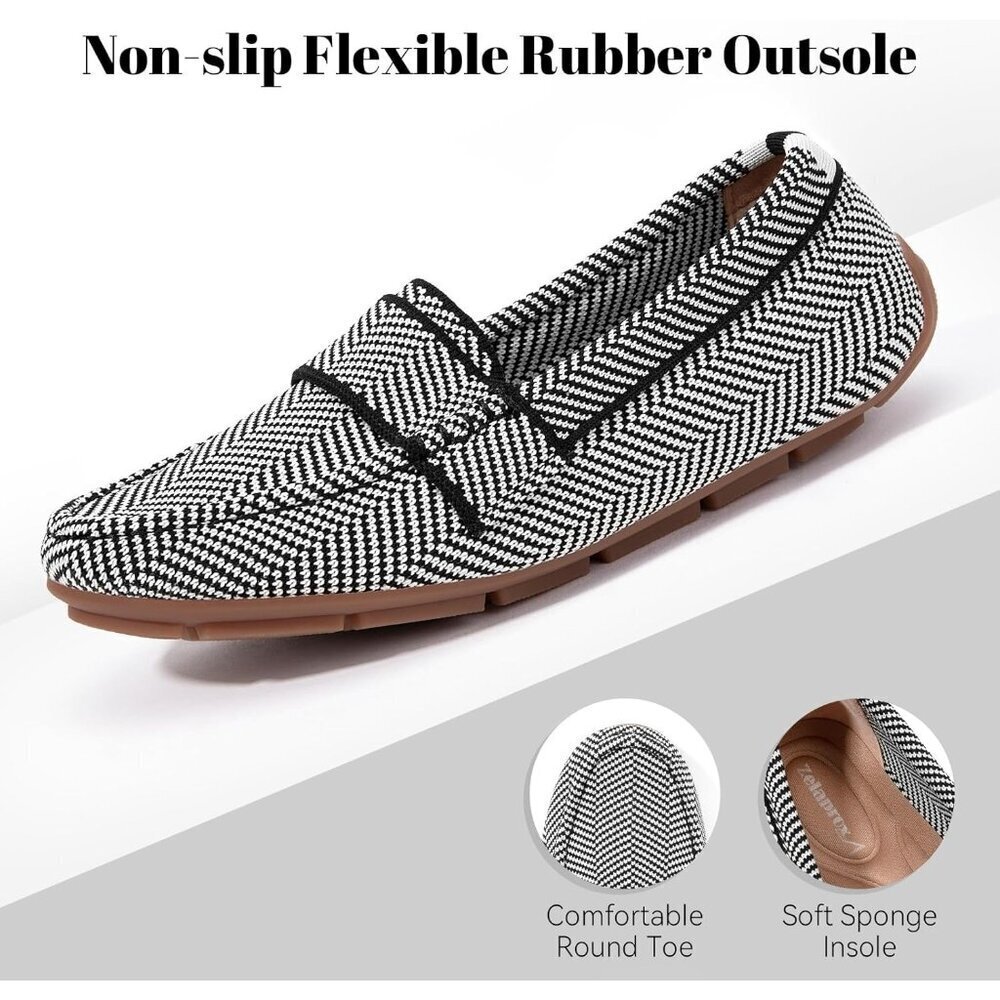 Zelaprox Women Black Striped Mesh Slip on Comfortable Loafer Shoes Flat Shoes